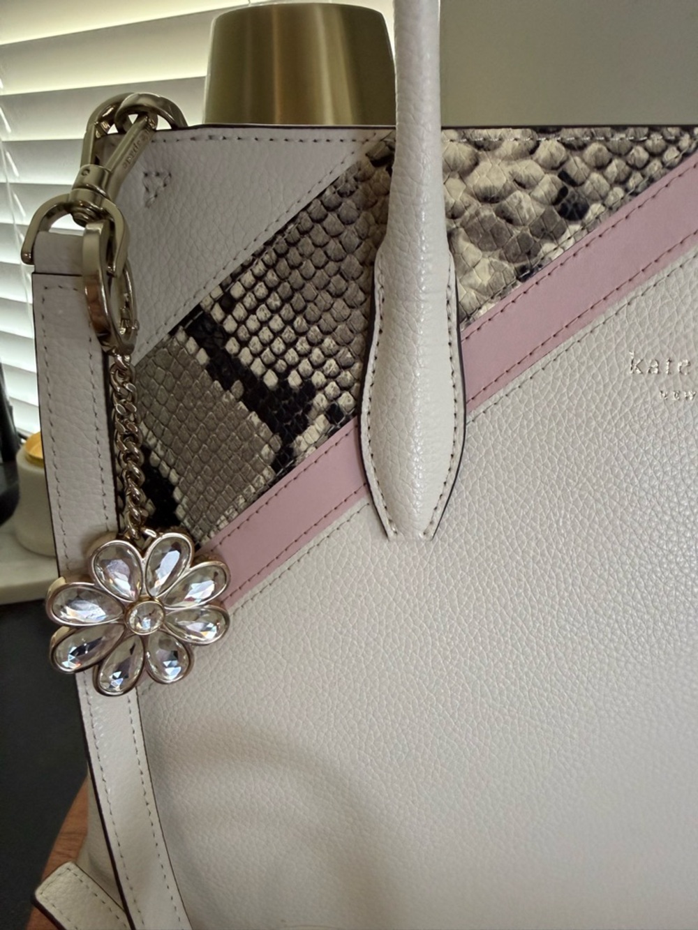 Kate Spade White & Pink Leather Satchel with Snake-Print Accent - Eva Chevron - Picture 6 of 6